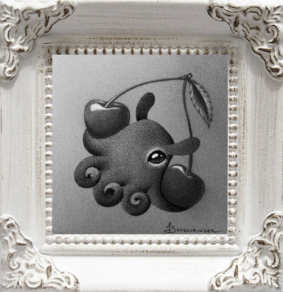 Greyscale illustration of a cute vampire squid, rendered in a soft pointillism style. It holds a pair of cherries connected at the stem in its arms. Piece is in ornate white wooden frame.