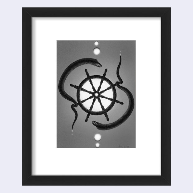 Grayscale illustration of 2 eels underwater, circling around a wooden ship's steering wheel. 2 bubbles appear atop and at the bottom of the piece. Piece is framed in a thin black frame with white mat.