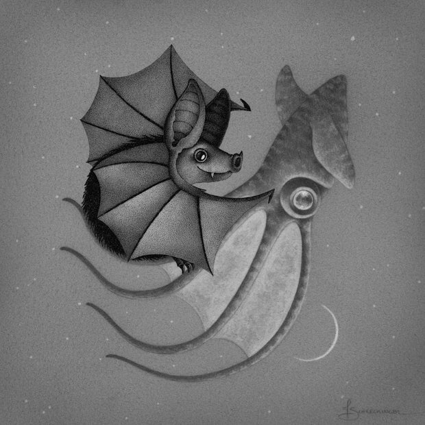 Softly rendered graphite illustration of a bat and a vampire squid, looking fondly at one another and doing a dance of sorts as their bodies angle towards one another.