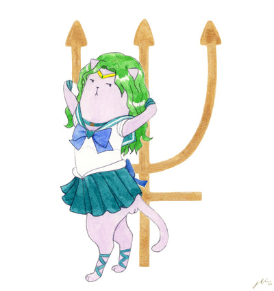 Illustration of a purple cat dressed up as Sailor Neptune from Sailor Moon, with its arms up over its head posing. Its rear end is exposed from its skirt.