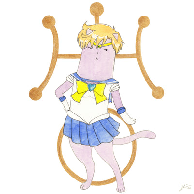 Illustration of a purple cartoon cat dressed up as Sailor Uranus from Sailor Moon.