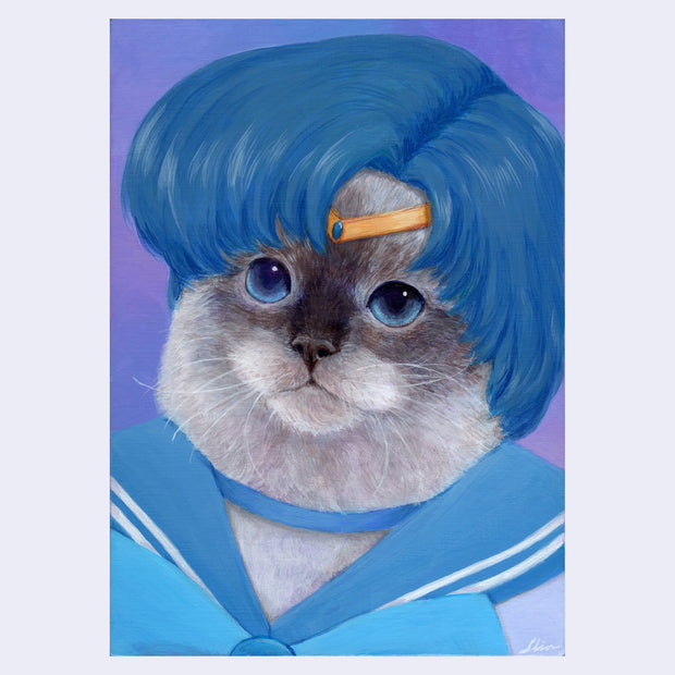 Painting of a realistically rendered blue eyed Siamese cat dressed like Sailor Mercury, with a cartoonish blue short haired wig, a sailor shirt and a gold headband.