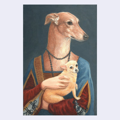 Highly rendered painting of a brown dog dressed as a woman in a Elizabethan era portrait, looking off to the side and holding a small brown chihuahua in its hands.