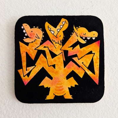 Painting of an orange King Ghidorah, a dinosaur kaiju mosnter with 3 heads and wings. Its heads are attached to its body by zig zagging necks. Each head has a happy, carefree expression.