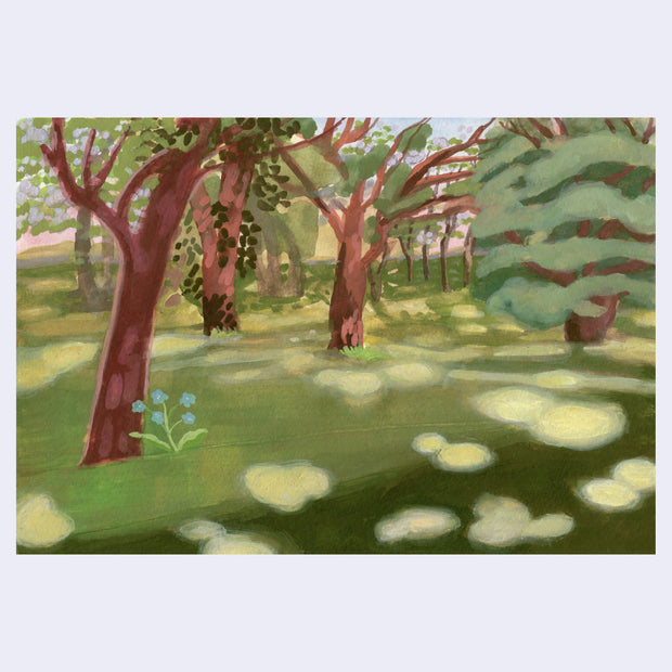 Landscape painting of many trees in a green grassy park area. Sun shines onto the grass from holes in the tree coverage.