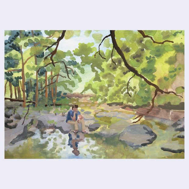 Painting of a lake or river scene, with many trees overhead and in the background. A man sits on a rock leading out to the river, with one hand on his leg and the other holding up his head.