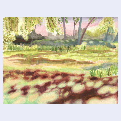 Landscape painting of a large open grassy area, with dirt patches and tree leaves hanging overhead. A pink and purple sunset sky is in the background and sun spots are in the foreground.