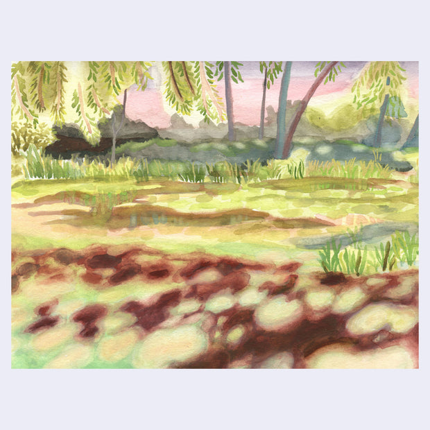 Landscape painting of a large open grassy area, with dirt patches and tree leaves hanging overhead. A pink and purple sunset sky is in the background and sun spots are in the foreground.