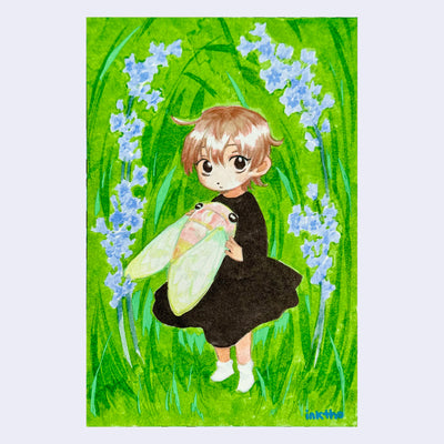 Illustration of a young girl with short brown hair, large anime style eyes and a black dress. She holds a large cicada and stands in grass with blue flowers.