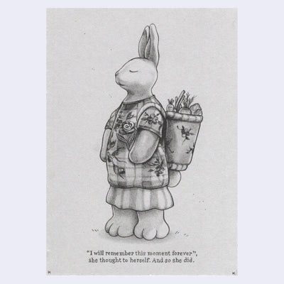 Graphite illustration on gray toned paper of a cartoon bunny, wearing a large t-shirt and long skirt with a woven basket on her back containing vegetables. Its eyes are closed and it looks peaceful.