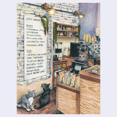 Colored pencil illustration of a cafe setting with 3 small cats sitting around it. A large cafe menu on the wall shows a list of drinks and baked goods. 