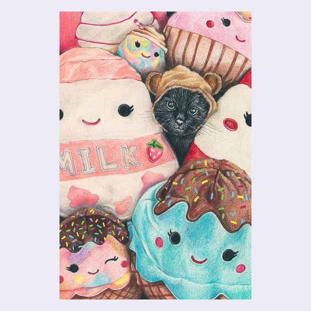 Colored pencil illustration of a pile of plushies, large and squishy and shaped like various desserts or sweet foods. A black cat wearing a fluffy bear shaped hat hides amongst them.