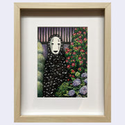 Colored pencil illustration of No Face standing amongst plants and lush purple and red flowers. His body is made up of many small soot sprites with cute cartoon eyes. 