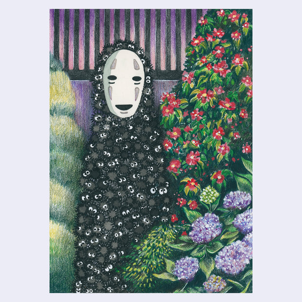 Colored pencil illustration of No Face standing amongst plants and lush purple and red flowers. His body is made up of many small soot sprites with cute cartoon eyes. 