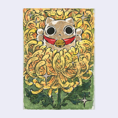 Ink and watercolor illustration of a gold maneki with a red scarf and gold bell around its neck. It sits nestled in a large golden chrysanthemum style flower.