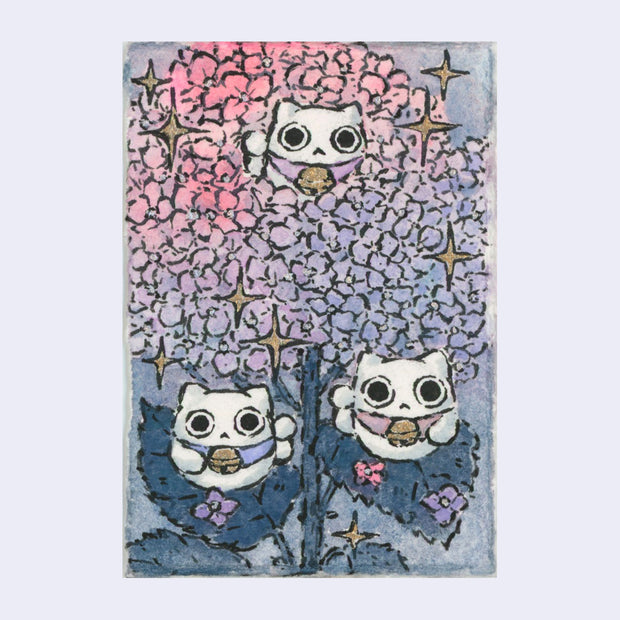 Ink and watercolor illustration of 3 small white cartoon maneki cat figures with pastel scarves, nestled in a pink and purple flower with many petals.