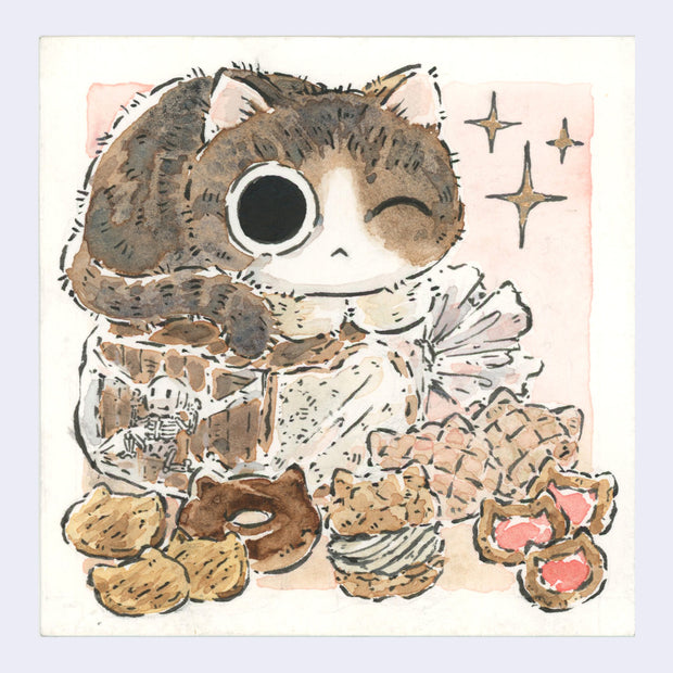 Ink and watercolor illustration of a brown cat with large cartoon eyes resting atop of a sealed loaf of bread, with a tiny cartoon skeleton trapped within. Around are various other baked treats.