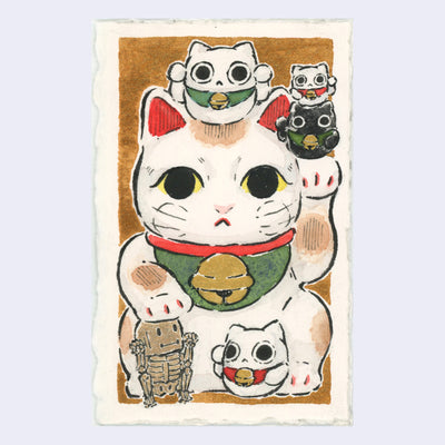 Ink and watercolor illustration of a maneki with smaller, rounder more cartoonish maneki around it. They are propped on its hand, head, and near its foot and the main maneki rests its floating paw on a golden cartoon skeleton.