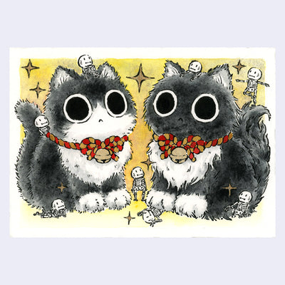 Ink and watercolor illustration of 2 fluffy cats with very large eyes. They sit mirroring one another with small skeletons dancing and playing all around them.