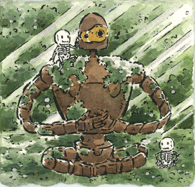 Ink and watercolor illustration of a brown rusted robot with a large chest, long limbs and a smaller head. It sits in the middle of the forest with light beams coming down through the trees. Small skeletons sit around it.