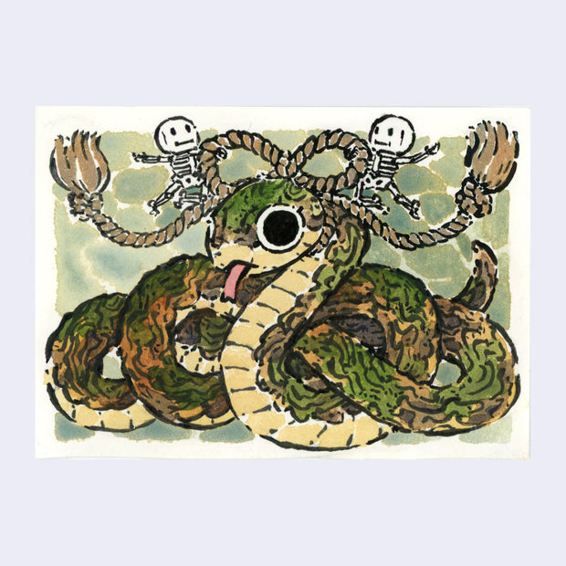 Ink and watercolor illustration of a snake that appears to be covered in wood with moss atop. It has a golden rope tied into a bow atop its head, which 2 small skeleton characters stand atop of triumphantly.