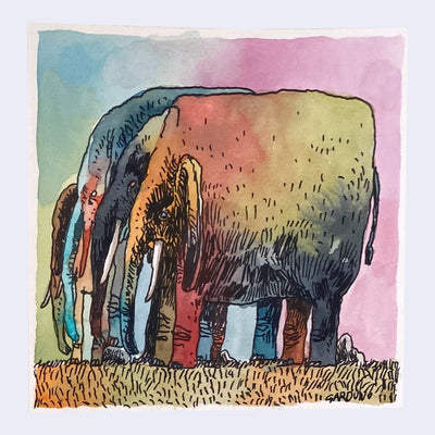 Ink and watercolor of 4 elephants standing side by side on another, all with very colorful bodies.