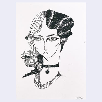 Black ink sketch on white paper of a woman with a partially up and partially down hairstyle, wearing a fancy necklace.