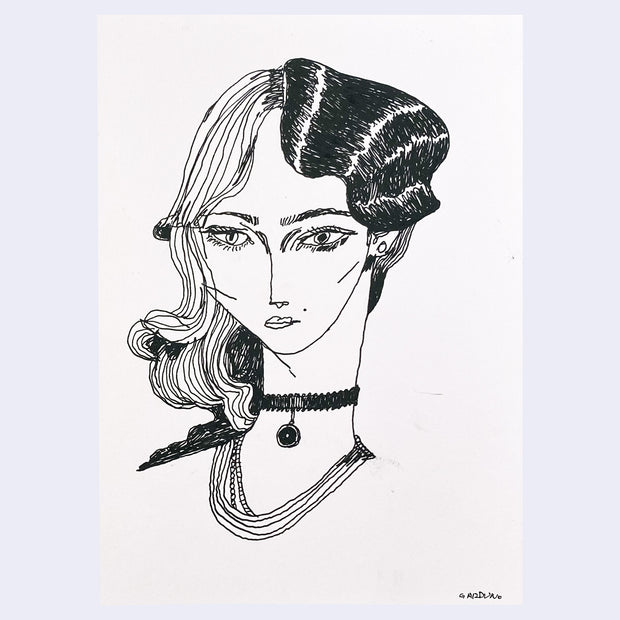 Black ink sketch on white paper of a woman with a partially up and partially down hairstyle, wearing a fancy necklace.