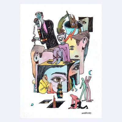 Ink and watercolor illustration of several people of various colors and cartoonish renderings. They sit on or walk around a building, painted with woman's eyes.