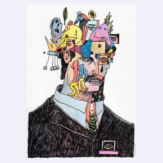 Ink and watercolor illustration of a man's bust portrait wearing a suit. His face is obscured by many colorful characters and miscellaneous objects.