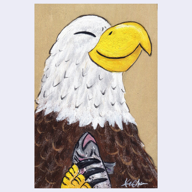 Painting of a cartoon bald eagle with a smiling expression. It holds a dead fish in its hand.