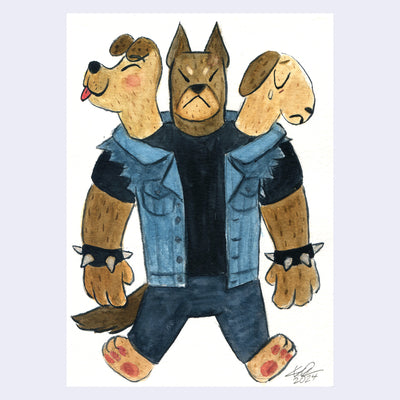 Watercolor painting of a 3 headed dog with a large humanoid body. One of the heads is happy, the other angry and the final sad. It wears a black t-shirt and jean ripped vest with spiked bracelets.