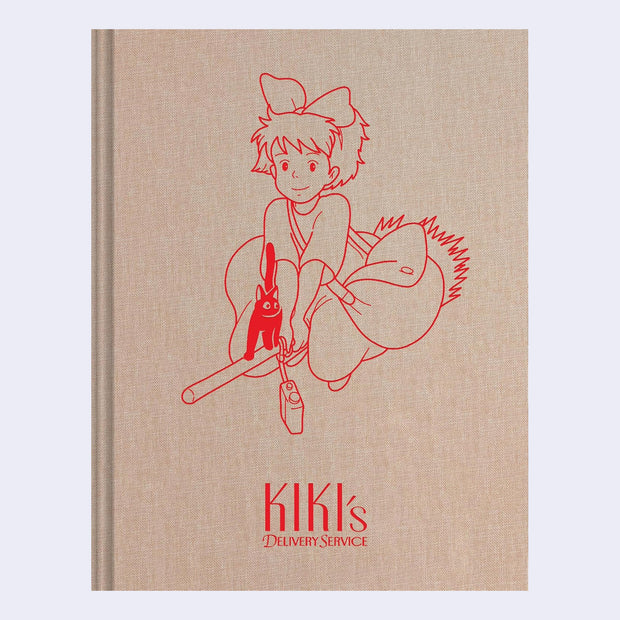 Hardcover light tan fabric covered sketchbook featuring a red line art illustration of Kiki from Kiki's Delivery Service riding atop a broom.