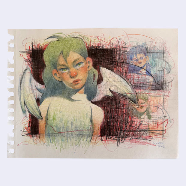 Colored pencil illustration of a girl with green hair and a rosy nose, with angel wings.