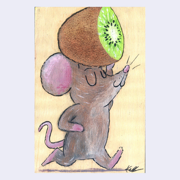 Painting on exposed wooden panel of a cartoon mouse with closed eyes and a smirk. It walks and holds up a large kiwi overhead.