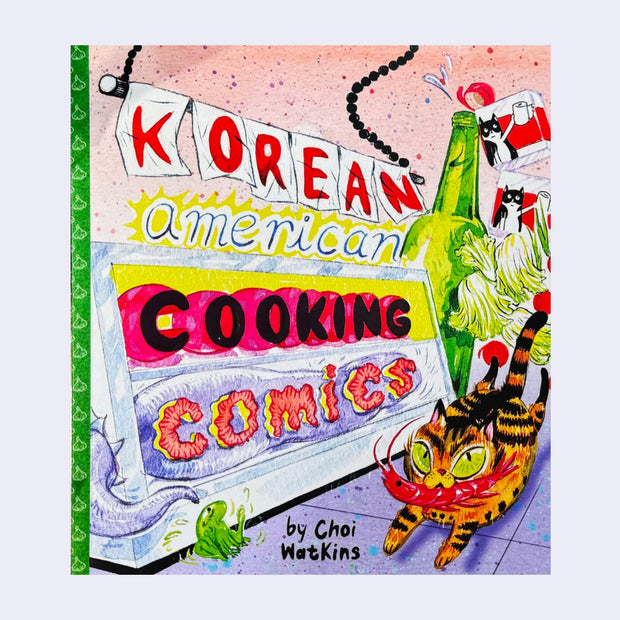 Book cover for Korean American Cooking Comics with a colorful illustration of an angry orange striped car running through a grocery store.