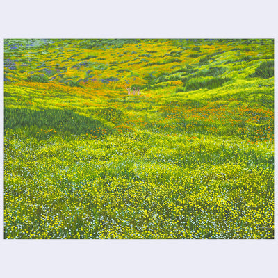 Painting of a very lush wild flower field, during a super bloom where every green surface is covered with yellow, orange and purple flowers. Off in the distance, 3 nude girls roam.