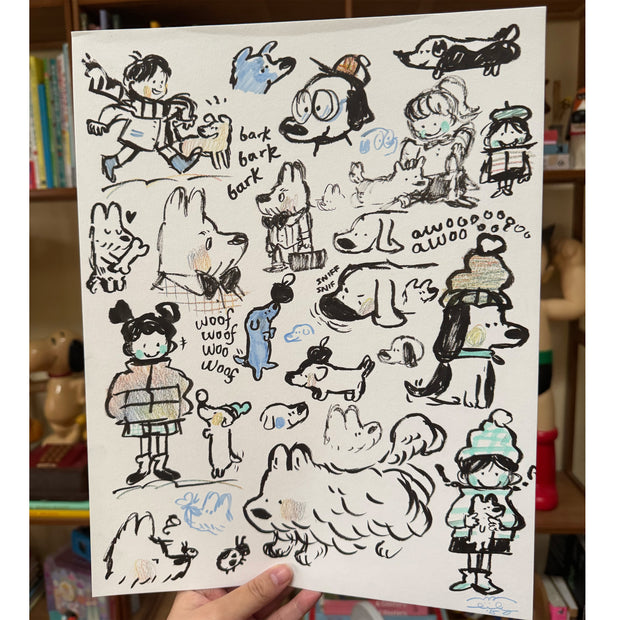 Page full of doodles of cartoon dogs and people walking with them.