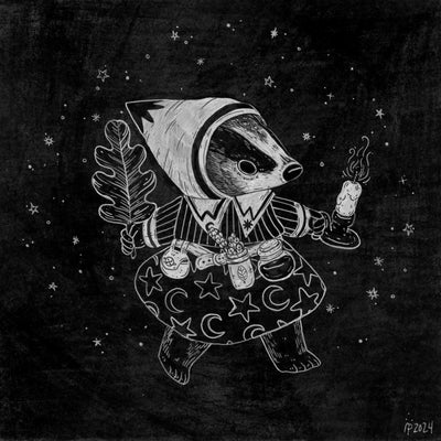 White ink illustration on colored black paper of a badger, standing on 2 legs and wearing a collared dress with a belt holding many apothecary items. The badger holds a candle in one hand and a large leaf in the other.