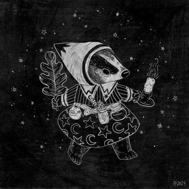 White ink illustration on colored black paper of a badger, standing on 2 legs and wearing a collared dress with a belt holding many apothecary items. The badger holds a candle in one hand and a large leaf in the other.