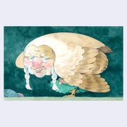 Watercolor painting of a large brown bird with the face of an old woman. Its perched atop a tiny tree and background is a bluish deep green.