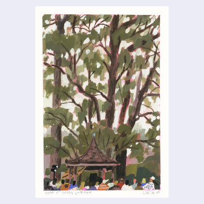 Plein air painting of tall trees and a small gazebo, with many people gathered around it.