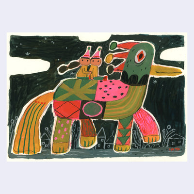 Illustration of a large creature with a horse body, long tail, and a duck head. Its body consists of various patterns, green, pink and black. Atop its back ride 2 small characters with party hats. They all move through a small town at night.