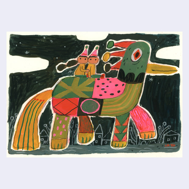 Illustration of a large creature with a horse body, long tail, and a duck head. Its body consists of various patterns, green, pink and black. Atop its back ride 2 small characters with party hats. They all move through a small town at night.