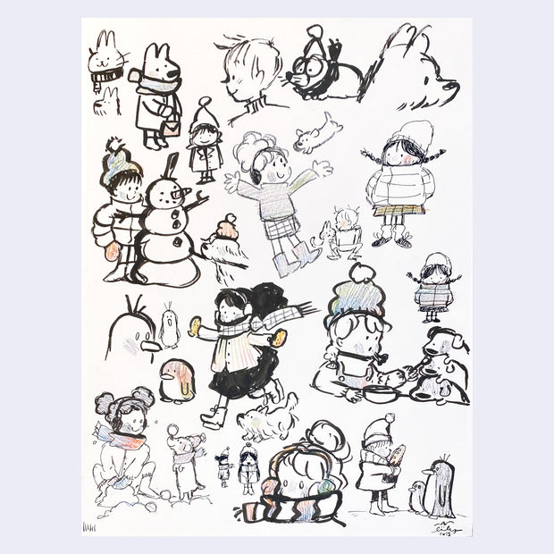 Page full of doodles of characters dressed in cold weather attire and playing with dogs.