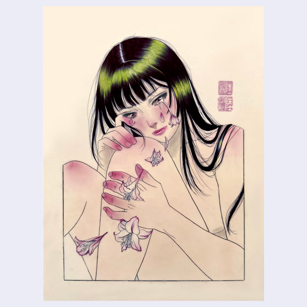 Illustration on cream paper of a girl with long black hair and green highlights, with her knees pulled into her chest. She cries out pink lily flowers.