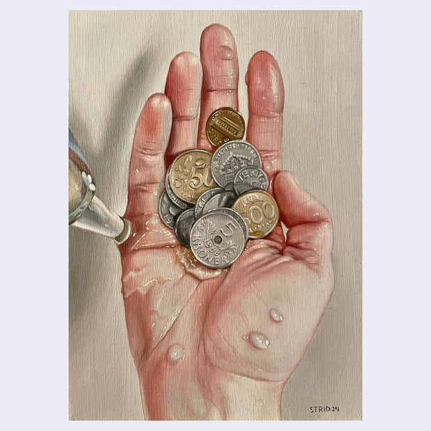 Realistically rendered painting of a hand positioned under a running water faucet. Several coins are held in the hand, with water droplets on them.