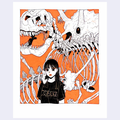 Black ink illustration with orange color accents of a girl standing in a black t-shirt that reads "kyoryu." Behind her are large dinosaur skeletons of 2 different varieties.