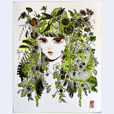 Illustration of a girl with large eyes, with her hair entirely obscured by many green and orange flowers and plants.