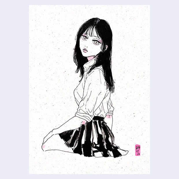 Illustration of a woman sitting on the ground in a white shirt and a black skirt. Her knees are out in front of her and she looks over her shoulder.